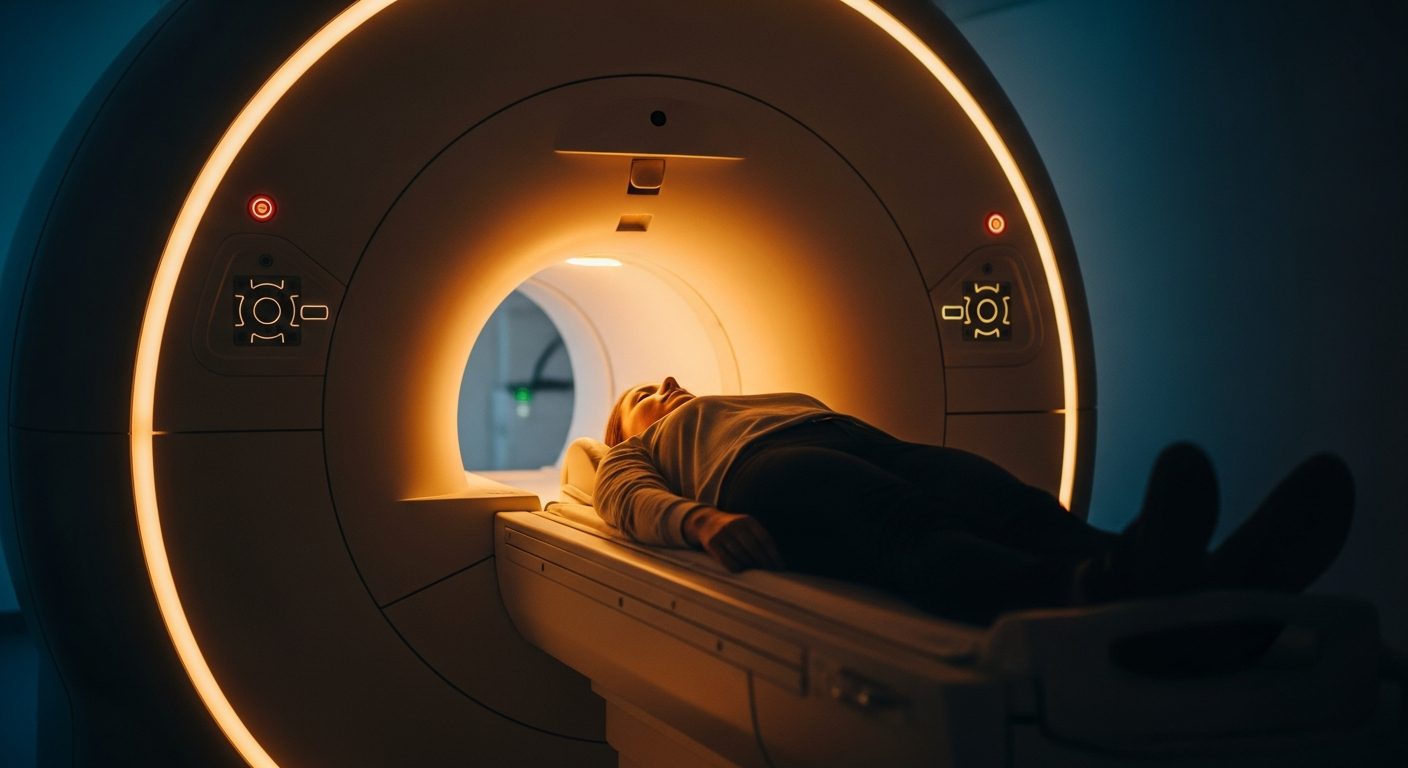 Patient in a wide-bore MRI scanner at a Precise Imaging outpatient imaging center
